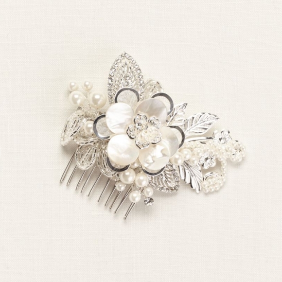 David's Bridal Mother of Pearl Mixed Media Flower Hair Comb STYLE# C9079 - Picture 4 of 11